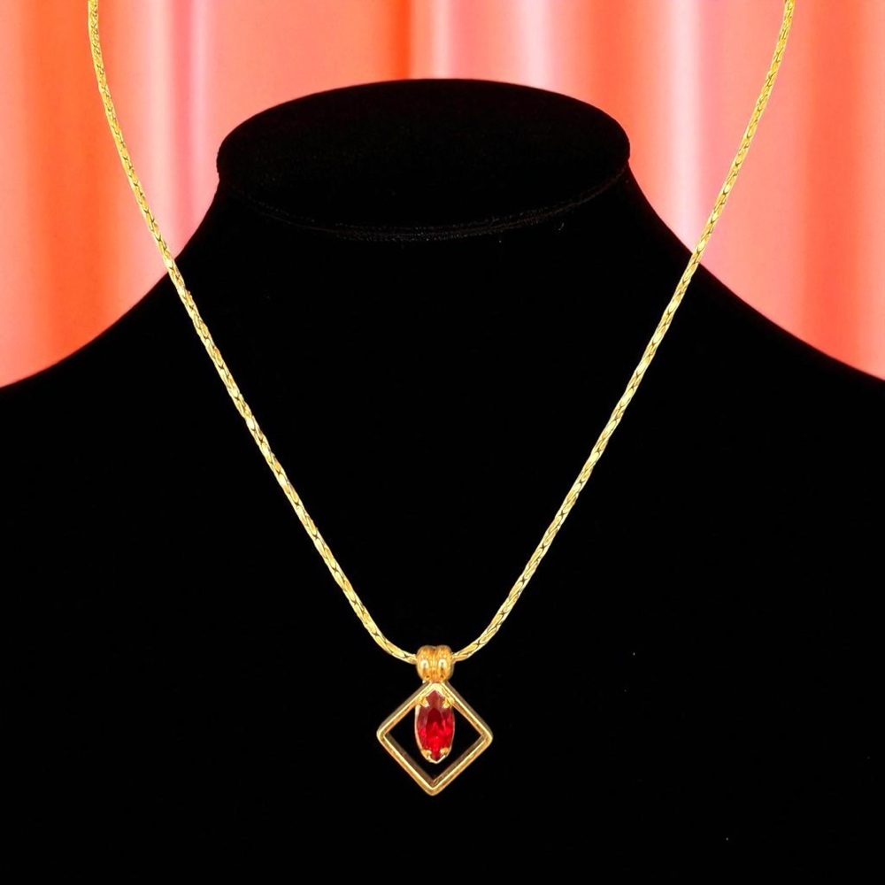 Vintage Designer Signed Red Marquis Rhinestone Pendant Necklace 16”